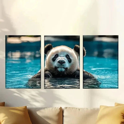 3pcs Panda Swimming in Pool Wall Art Canvas Unframed - High Quality Print 100% Australian Made Wall Canvas