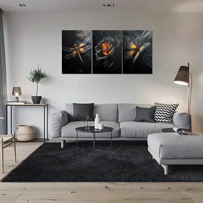 3pcs Dragonfly Rose & Butterfly Paintings Metal Print Ready to Hang Art - Bella Home Decor
