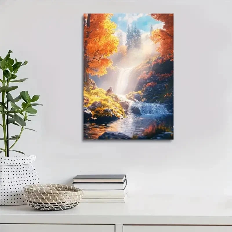 Vibrant Autumn Scene with Owl Painting  40x60cm Metal Print Ready to Hang - Bella Home Decor