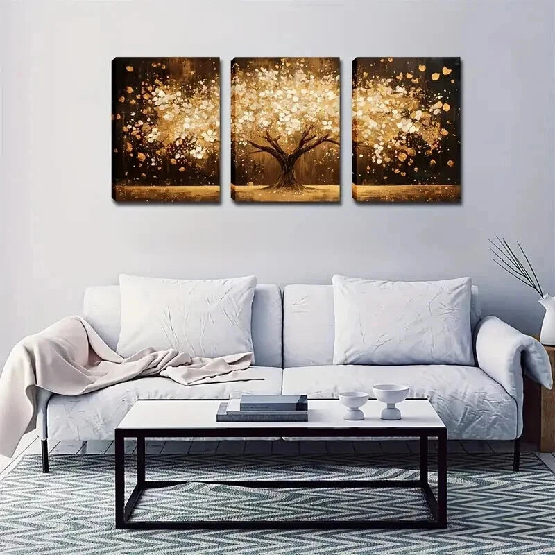 3pcs Elegant Tree With White And Golden Perfect Wall Art Set Canvas Framed 50x70cm - High Quality Print 100% Australian Made Wall Canvas Ready to Hang - Bella Home Decor