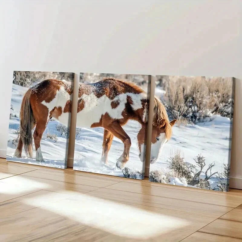 3pcs Snowy Landscape with Brown and White Horse Wall Art Set Canvas Framed 60x90cm - High Quality Print 100% Australian Made Wall Canvas Ready to Hang - Bella Home Decor