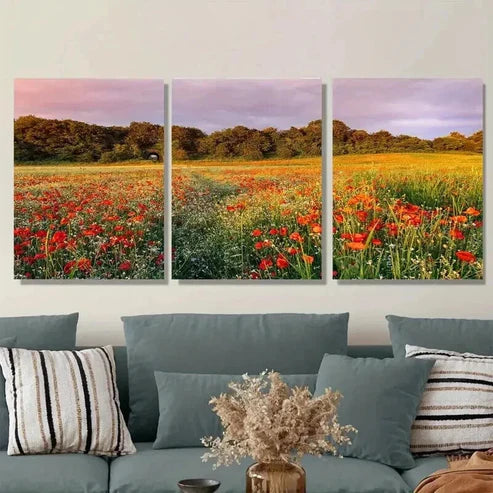 3pcs Beautiful Poppy Field Triptych Wall Art Canvas Unframed - High Quality Print 100% Australian Made Wall Canvas - Bella Home Decor