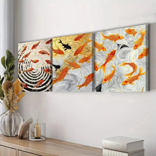 3pcs Goldfish Vortex Design Orange Perfect Wall Art Set Canvas Framed 60x90cm - High Quality Print 100% Australian Made Wall Canvas Ready to Hang