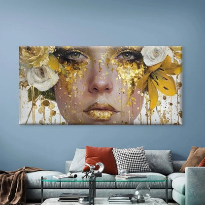 Woman Face with Golden & Roses Wall Art Canvas Office Home Room Framed 120x60cm