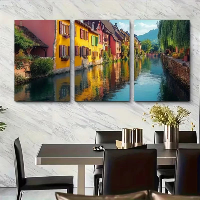 3pcs Alsace Canal Architecture Metal Print Ready to Hang Art - Bella Home Decor