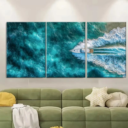 3pcs Stunning Aerial Seascape Boat on Sea Waves Metal Print Ready to Hang Art - Bella Home Decor