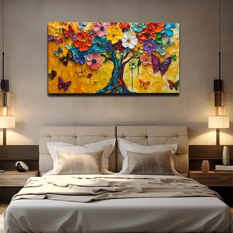 Vibrant Tree & Butterflies Wall Art Canvas Office Home Room Framed 120x60cm
