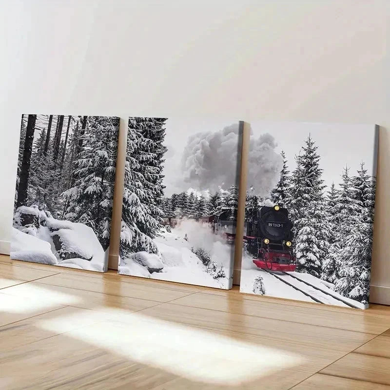 3pcs Forest Railway Snow Scene Steam Train Wall Art Set Canvas Framed 40x60cm - High Quality Print 100% Australian Made Wall Canvas Ready to Hang - Bella Home Decor
