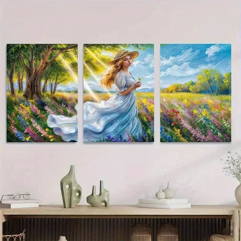 3pcs Elegant Woman in Nature Wildflowers Tree Wall Art Set Canvas Unframed - High Quality Print 100% Australian Made Wall Canvas