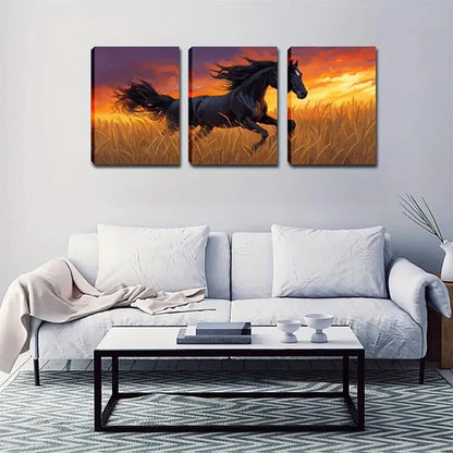 3pcs Running Horse In Rice Elegant Style Wall Art Set Canvas Unframed - High Quality Print 100% Australian Made Wall Canvas