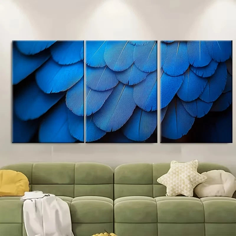 3pcs Blue Feather Abstract Macro Photography Metal Print Ready to Hang Art