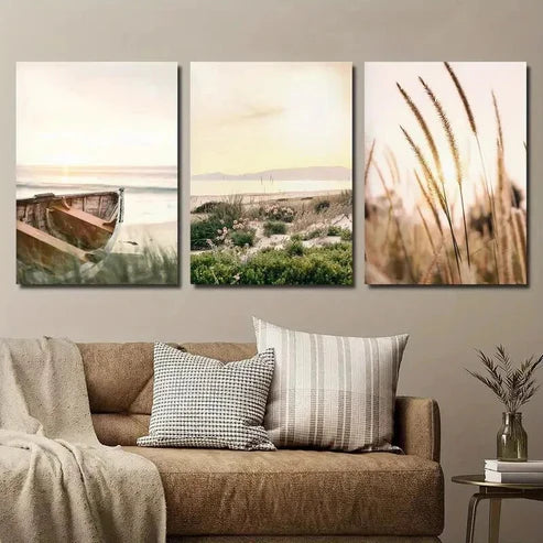 3pcs Sunset and Boats on The Coast Wall Art Canvas Unframed - High Quality Print 100% Australian Made Wall Canvas