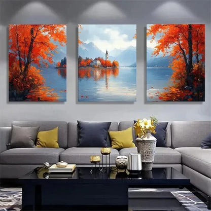 3pcs Vibrant Orange Trees Mountain Reflections  Wall Art Canvas Unframed - High Quality Print 100% Australian Made Wall Canvas