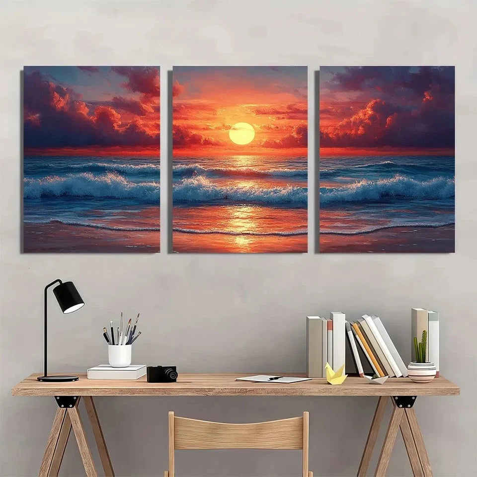 3pcs Beach Sunset Vibrant Abstract Ocean Waves Wall Art Set Canvas Framed 50x70cm - High Quality Print 100% Australian Made Wall Canvas Ready to Hang - Bella Home Decor