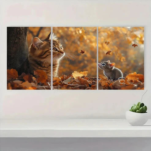 3pcs Autumn Cat and Mouse Scene Wall Art Canvas Unframed - High Quality Print 100% Australian Made Wall Canvas - Bella Home Decor