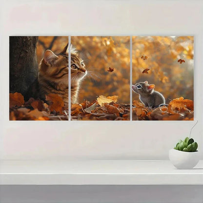 3pcs Autumn Cat and Mouse Scene Wall Art Canvas Unframed - High Quality Print 100% Australian Made Wall Canvas - Bella Home Decor