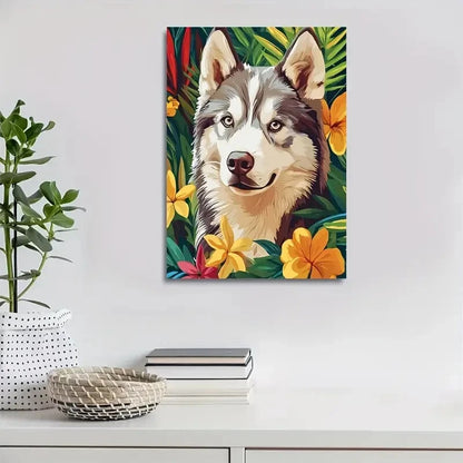 Flowers And Plants Cute Siberian Husky Dog Painting 40x60cm Metal Print Ready to Hang - Bella Home Decor