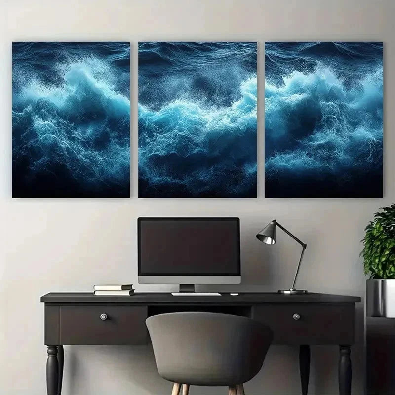 3pcs Dark Blue Ocean Wave Darkness Perfect Wall Art Set Canvas Framed 50x70cm - High Quality Print 100% Australian Made Wall Canvas Ready to Hang - Bella Home Decor
