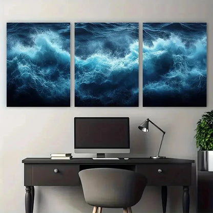 3pcs Dark Blue Ocean Wave Darkness Perfect Wall Art Set Canvas Framed 50x70cm - High Quality Print 100% Australian Made Wall Canvas Ready to Hang - Bella Home Decor