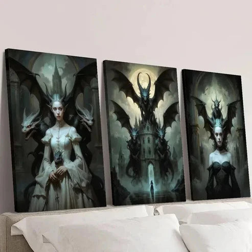 3pcs Haunted Dragon Queen Castle Illustration Wall Art Canvas Unframed - High Quality Print 100% Australian Made Wall Canvas