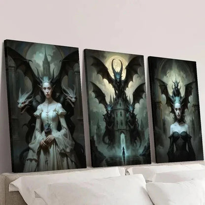 3pcs Haunted Dragon Queen Castle Illustration Wall Art Canvas Unframed - High Quality Print 100% Australian Made Wall Canvas
