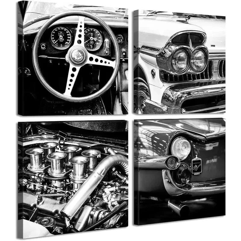 4pcs Black And White Wall Art Vintage CarWall Art Canvas Framed - Bella Home Decor
