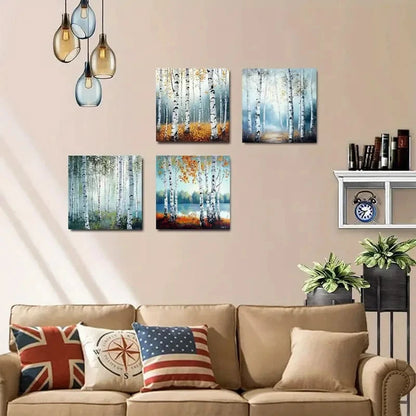 4pcs Misty Birch Forest Elegant Modern Wall Art Canvas Framed