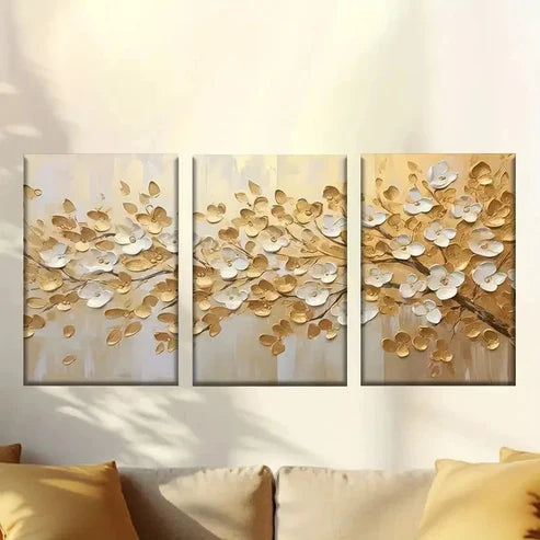 3pcs Painting of Golden Leaves on White Background Wall Art Canvas Unframed – High Quality Print 100% Australian Made Wall Canvas