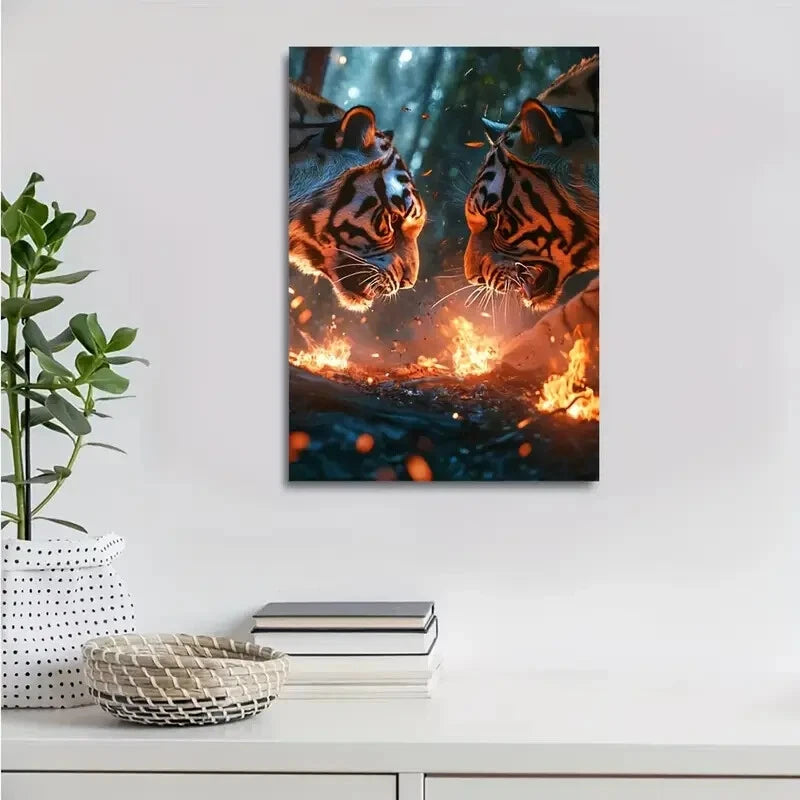 Vibrant Tiger Encounter Scene with Glowing Painting 40x60cm Metal Print Ready to Hang - Bella Home Decor