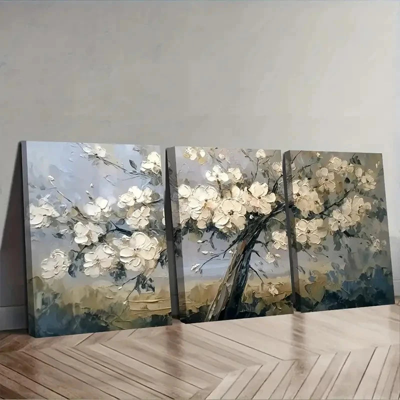 3pcs White Flowers On Tree With Detailed Wall Art Set Canvas Framed 60x90cm - High Quality Print 100% Australian Made Wall Canvas Ready to Hang