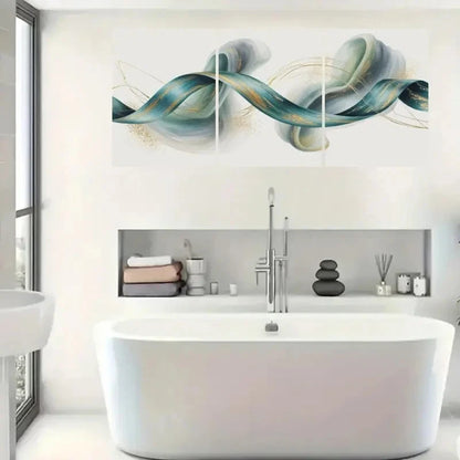 3pcs Teal Ribbon, Golden Accents Wall Art Set Canvas Framed 40x60cm - High Quality Print 100% Australian Made Wall Canvas Ready to Hang