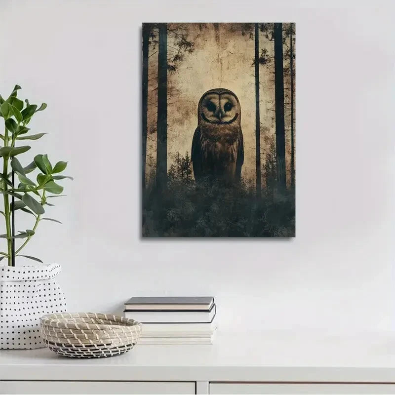 Beautiful Abstract Art Vintage Forest Owl Painting 40x60cm Metal Print Ready to Hang - Bella Home Decor