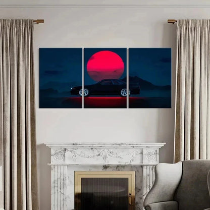 3pcs Modern Car in Red Sun Scene Decor Wall Art Set Canvas Framed 50x70cm - High Quality Print 100% Australian Made Wall Canvas Ready to Hang