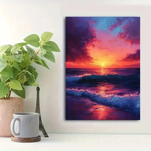 Beautiful Purple Pink Orange Blue Seascape Painting 60x90cm Metal Print Ready to Hang