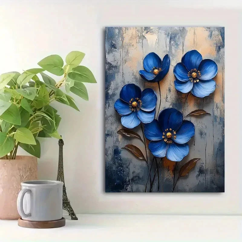 Beautiful Blooming Blue Flowers Painting 40x60cm Metal Print Ready to Hang