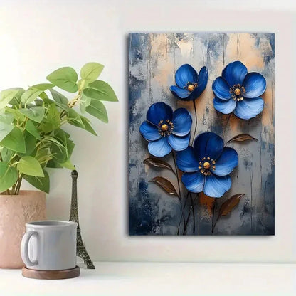 Beautiful Blooming Blue Flowers Painting 40x60cm Metal Print Ready to Hang