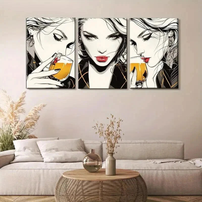 3pcs Women Drinking Cocktail Chic Poses Perfect Wall Art Set Canvas Framed 50x70cm - High Quality Print 100% Australian Made Wall Canvas Ready to Hang - Bella Home Decor