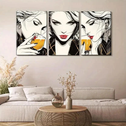 3pcs Women Drinking Cocktail Chic Poses Perfect Wall Art Set Canvas Framed 50x70cm - High Quality Print 100% Australian Made Wall Canvas Ready to Hang - Bella Home Decor