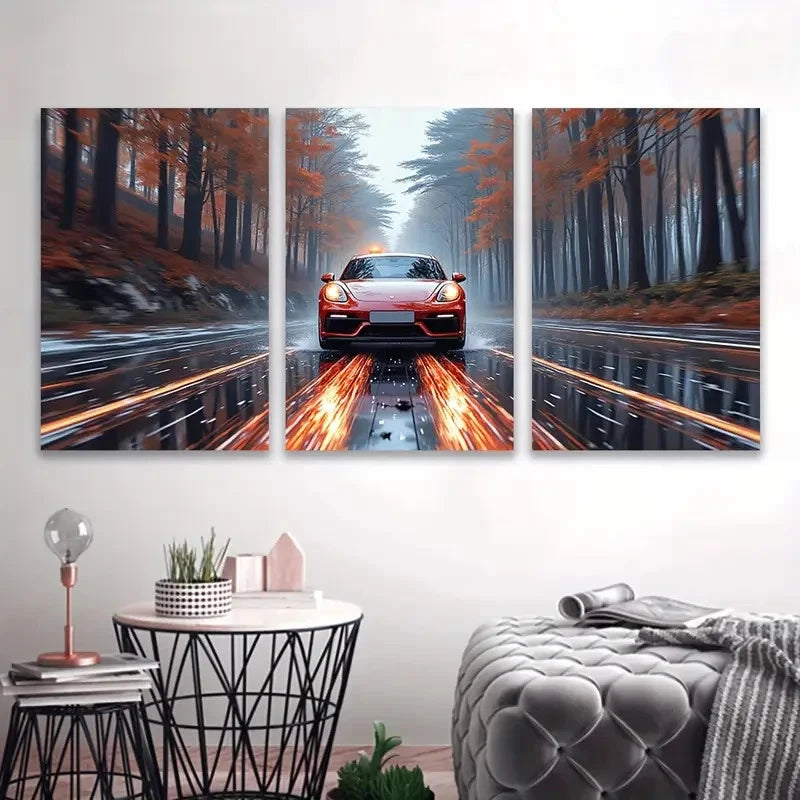 3pcs A Red Sports Car's Autumn Drive  Wall Art Set Canvas Framed 50x70cm - High Quality Print 100% Australian Made Wall Canvas Ready to Hang - Bella Home Decor