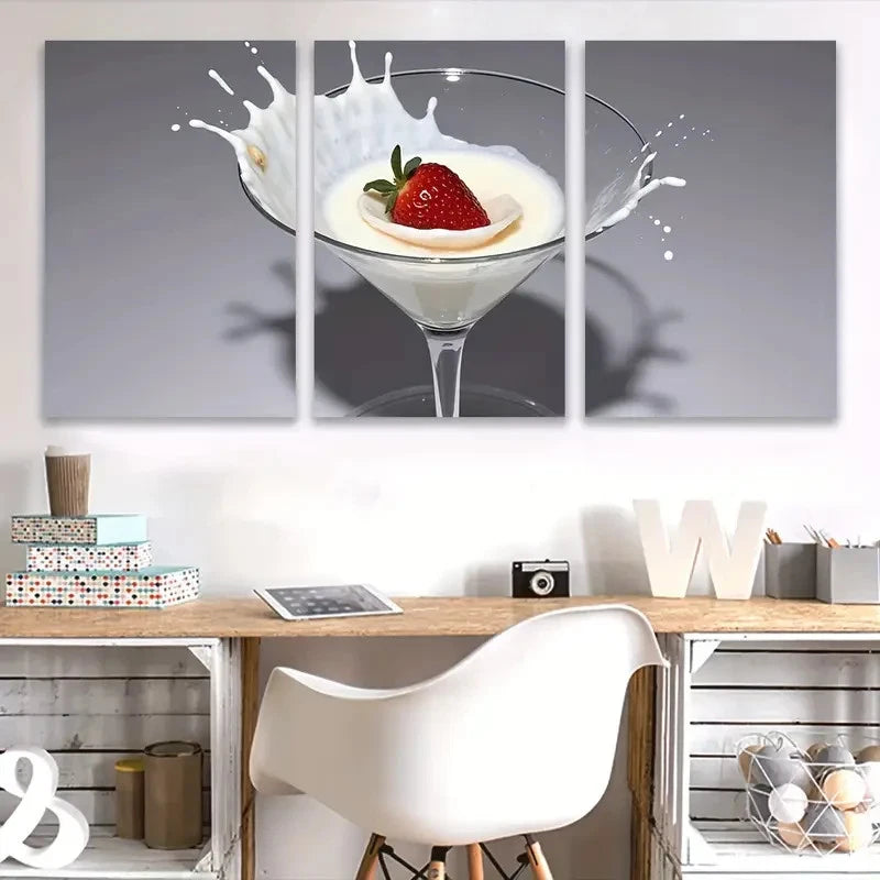 3pcs Strawberry Martini Cocktail Wall Art Set Canvas Framed 50x70cm - High Quality Print 100% Australian Made Wall Canvas Ready to Hang