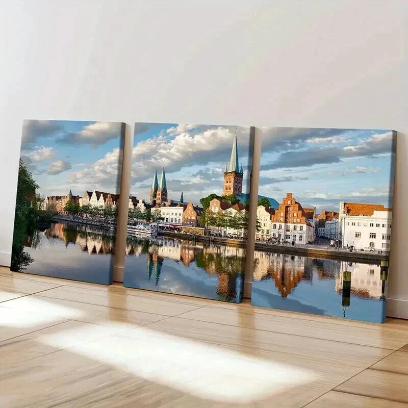 3pcs European Town Landscape with River Wall Art Set Canvas Framed 50x70cm - High Quality Print 100% Australian Made Wall Canvas Ready to Hang - Bella Home Decor