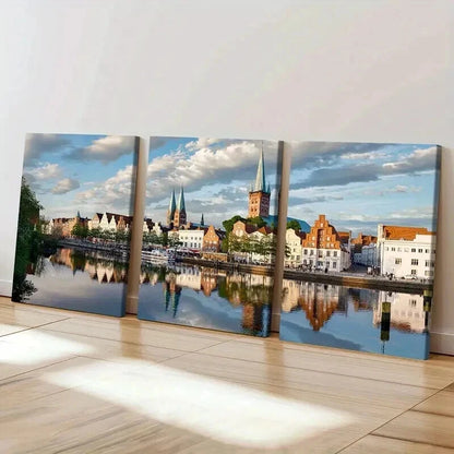 3pcs European Town Landscape with River Wall Art Set Canvas Framed 50x70cm - High Quality Print 100% Australian Made Wall Canvas Ready to Hang - Bella Home Decor