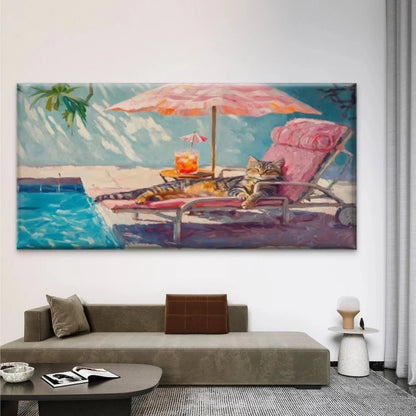 Poolside Cat & Tabby Cat Wall Art Canvas Office Home Room Framed 120x60cm