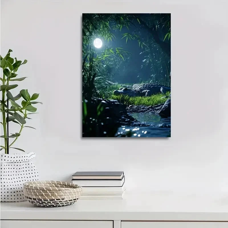 Serene Bamboo Grove Scene with Moonlit Painting 40x60cm Metal Print Ready to Hang - Bella Home Decor