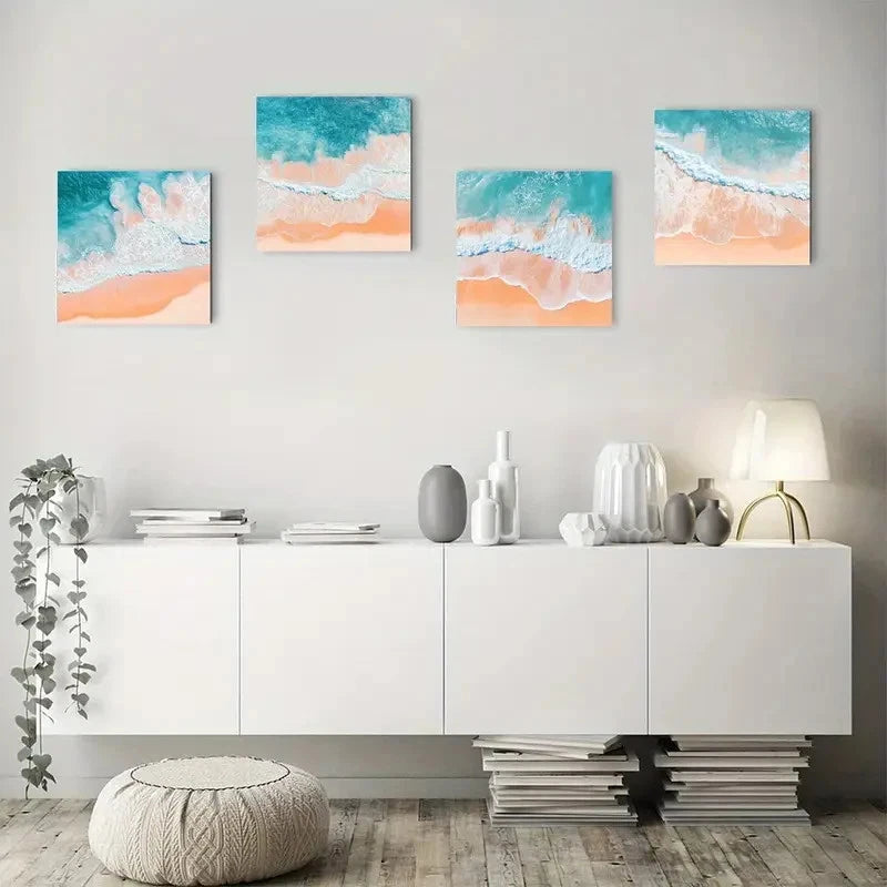 4pcs Coastal Beach Scenes with Turquoise & Peach Wall Art Canvas Framed (Copy)
