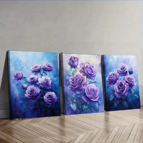 3pcs Purple Rose Night Purple Floral Perfect Wall Art Set Canvas Unframed - High Quality Print 100% Australian Made Wall Canvas