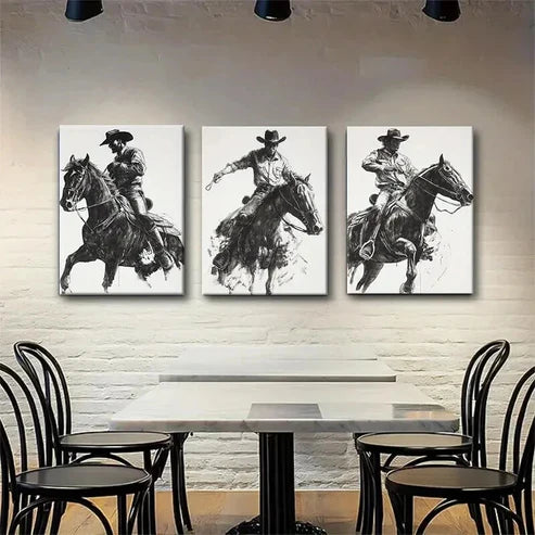 3pcs Dynamic Cowboy on Horse Dark Shadow Perfect Wall Art Set Canvas Unframed - High Quality Print 100% Australian Made Wall Canvas