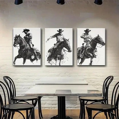 3pcs Dynamic Cowboy on Horse Dark Shadow Perfect Wall Art Set Canvas Unframed - High Quality Print 100% Australian Made Wall Canvas