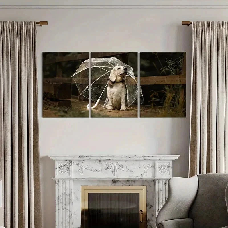 3pcs Puppy Dog Pet Under an Umbrella Wall Art Set Canvas Framed 40x60cm - High Quality Print 100% Australian Made Wall Canvas Ready to Hang - Bella Home Decor