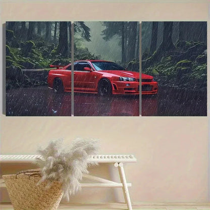 3pcs Red Sports Car in Rain Forest Wall Art Set Canvas Framed 60x90cm - High Quality Print 100% Australian Made Wall Canvas Ready to Hang